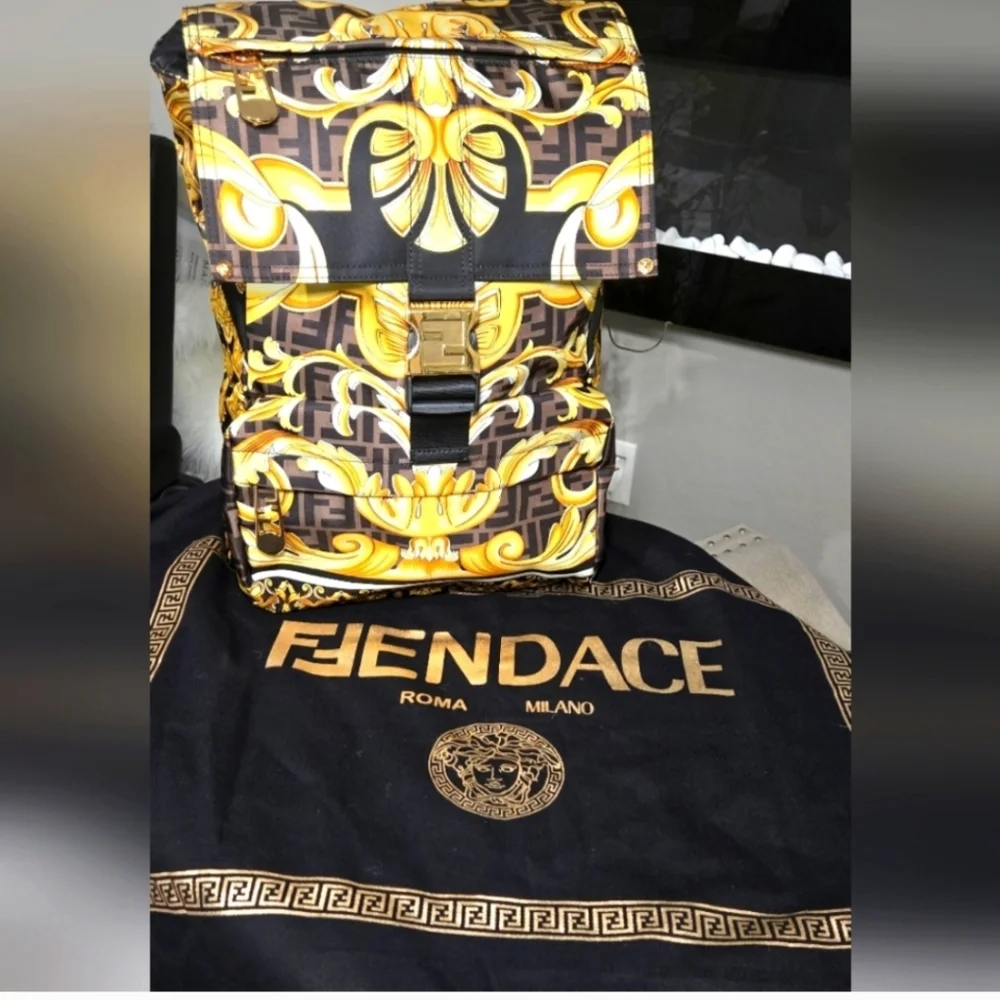 FENDACE Fendi/Vesace Collab Black and Gold Men's / Women's / Unisex Backpack